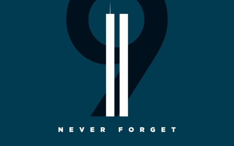 "9/11 never forget" on blue background