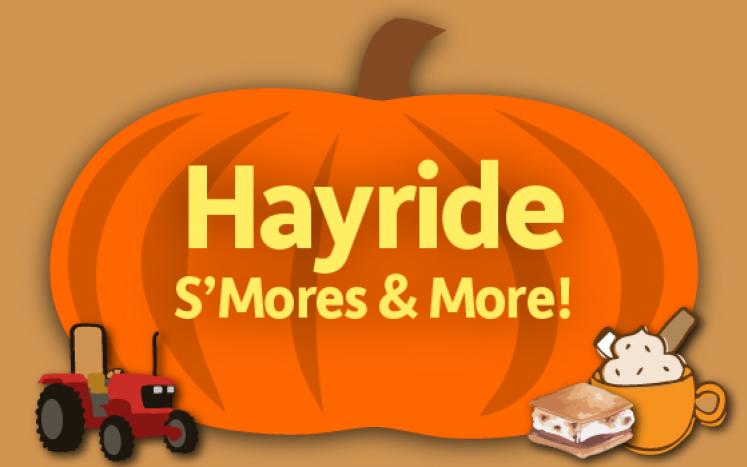 Orange pumpkin with Hayride in yellow letters